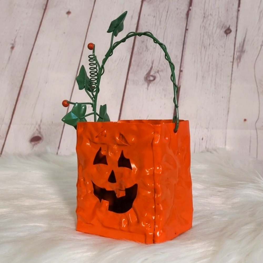 Vintage 90s Halloween Metal Pumpkin Jack-o-lantern Bag Tealight Candle Holder - Picture 11 of 16